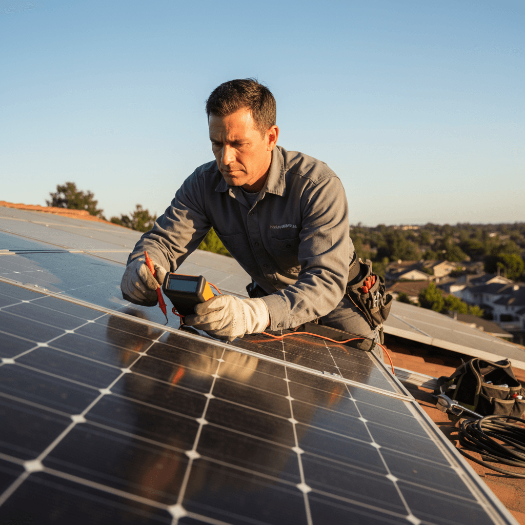 A technician maintaining and inspecting solar panels