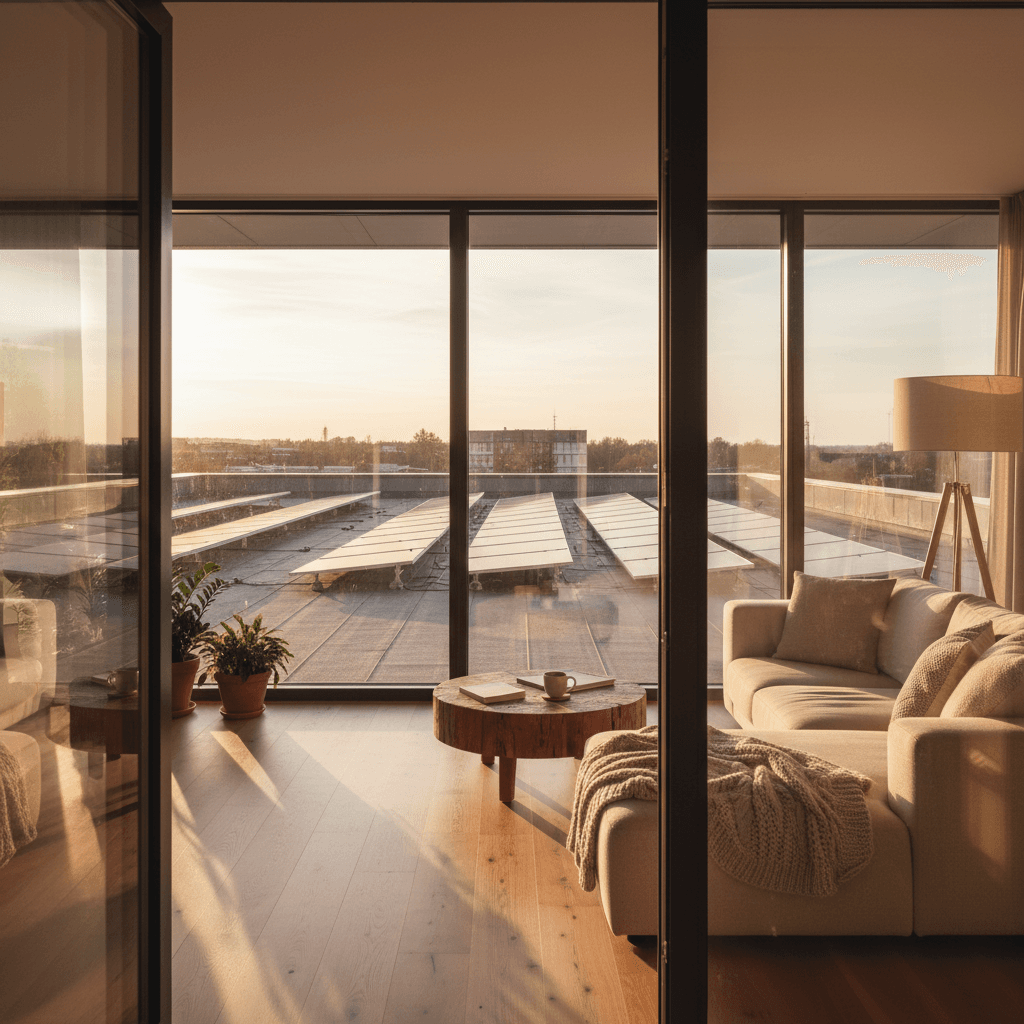 Home interior with sunlight and solar panels visible through windows