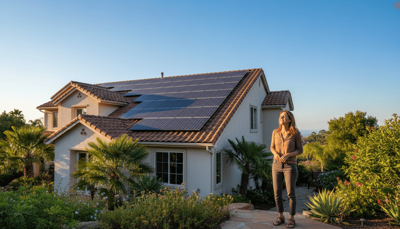 Satisfied homeowner standing on their property in front of a California home with solar panels installed under clear blue sky